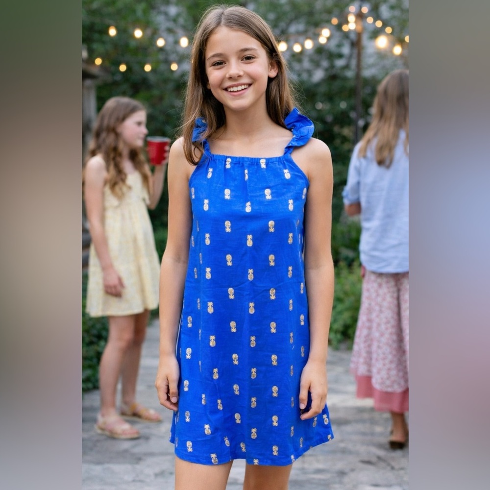 Old Navy Youth Girls Royal Blue/Gold Pineapple A-Line Dress NWT